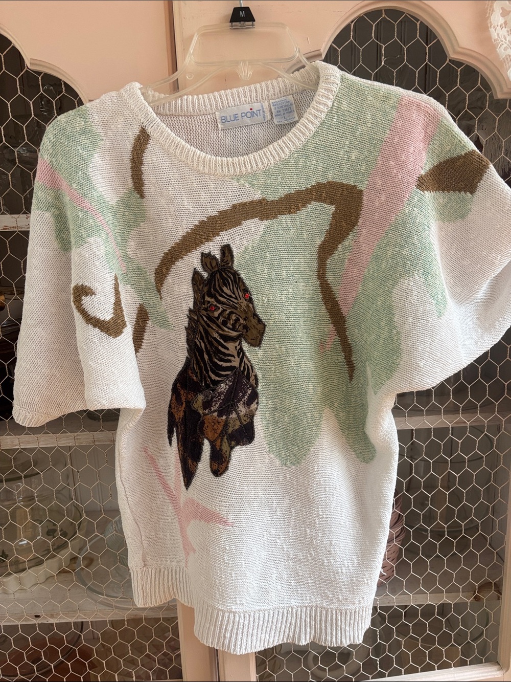 Vintage short sleeve White Knit Zebra Motif Sweater